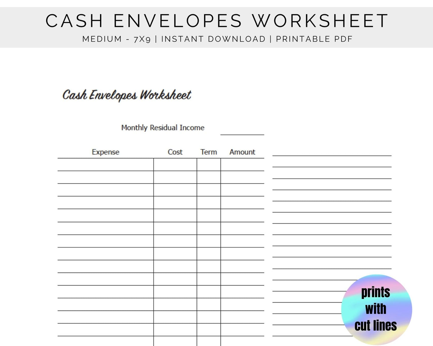 Cash Envelopes Worksheet