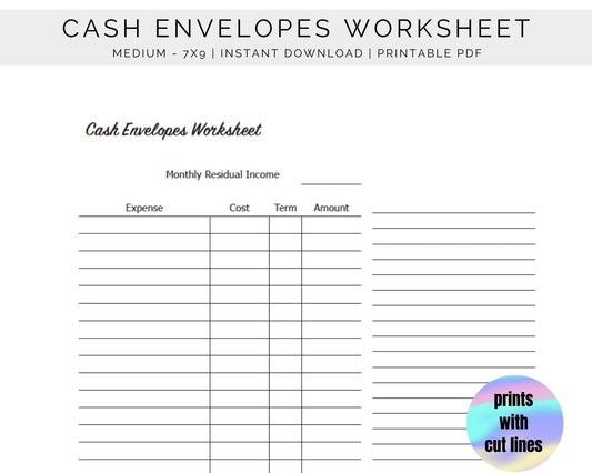 Cash Envelopes Worksheet